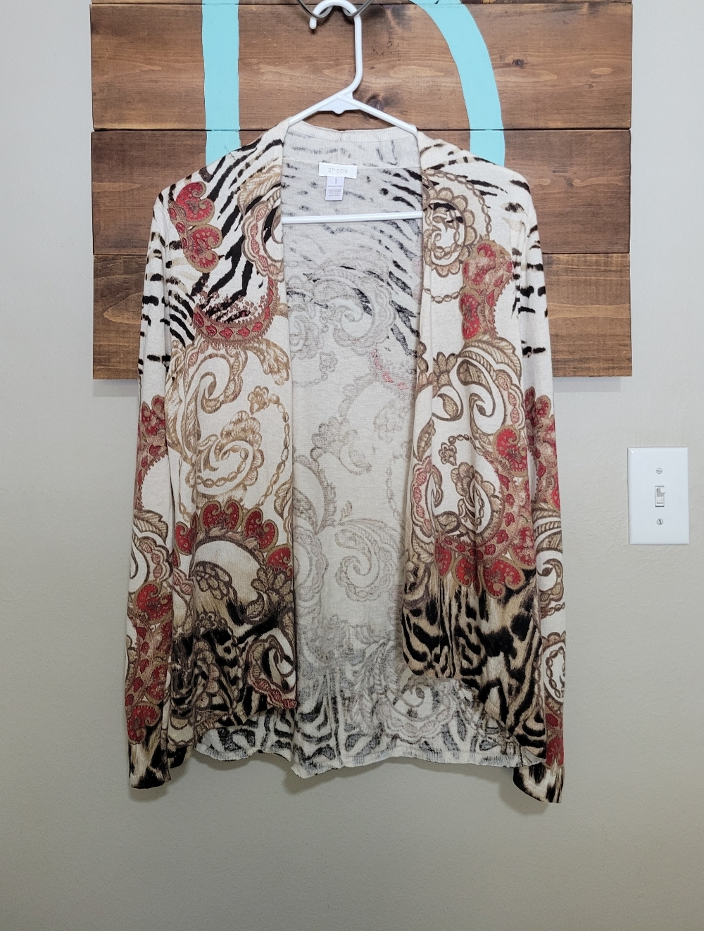 Chico's Open-Front Paisley & Animal Print Cardigan - Cream, Red & Tan Small